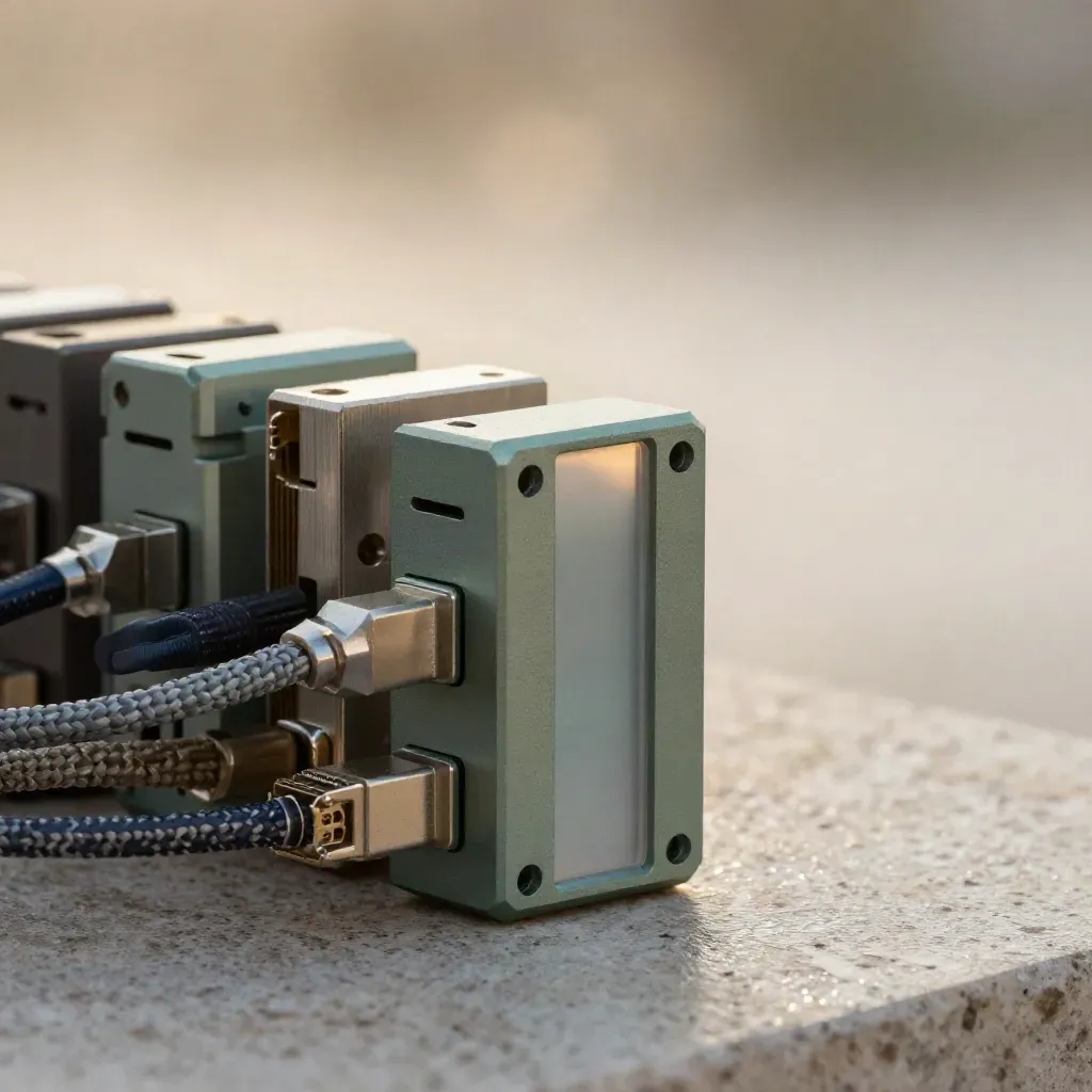 Machined aluminum code hardware, braided cables, and frosted acrylic on wet stone in soft golden light