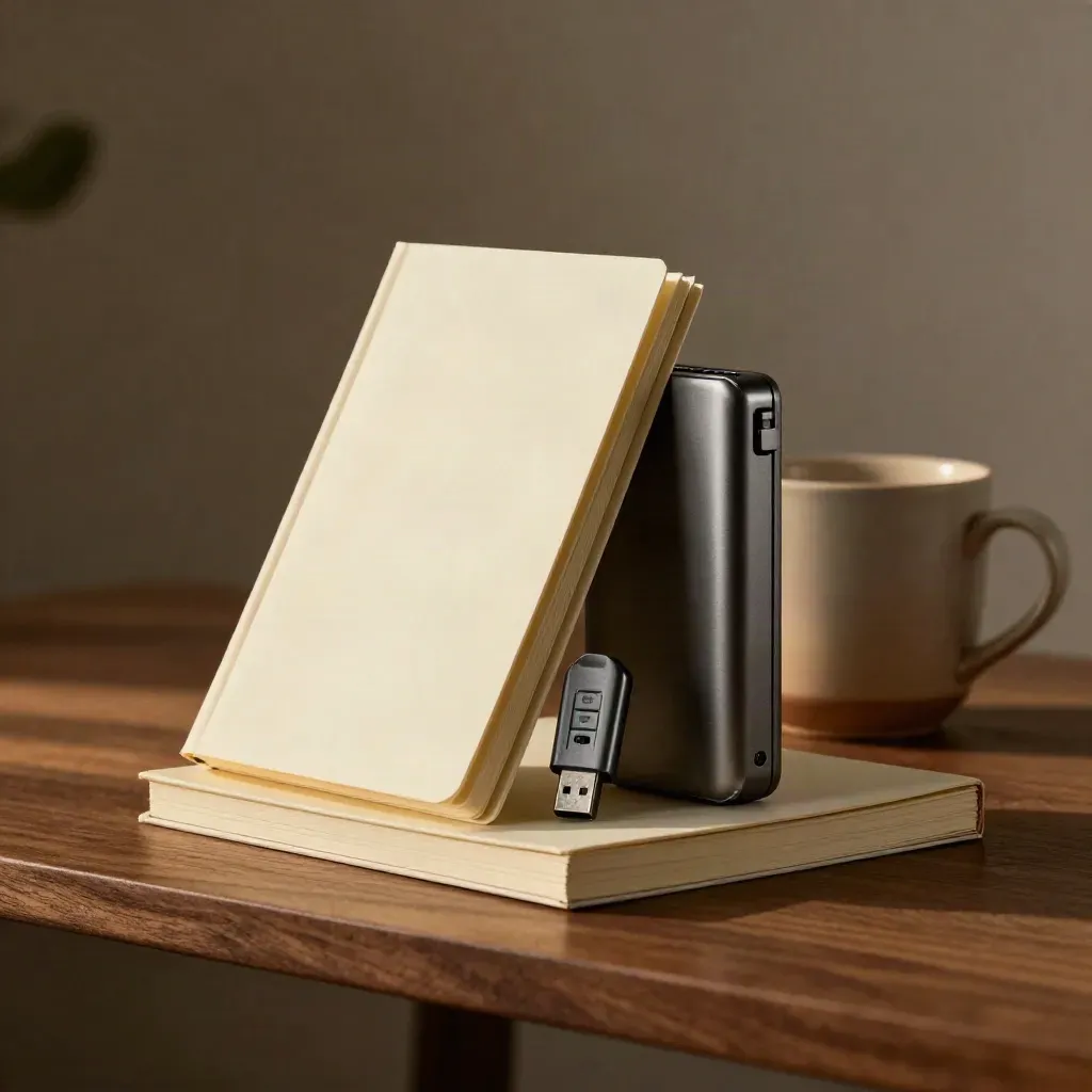 Notebooks, USB key, power bank and coffee cup in a dramatic still life.