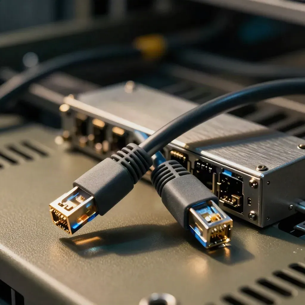 Fiber patch cables crossing beside an RJ45 transceiver module on a metal shelf