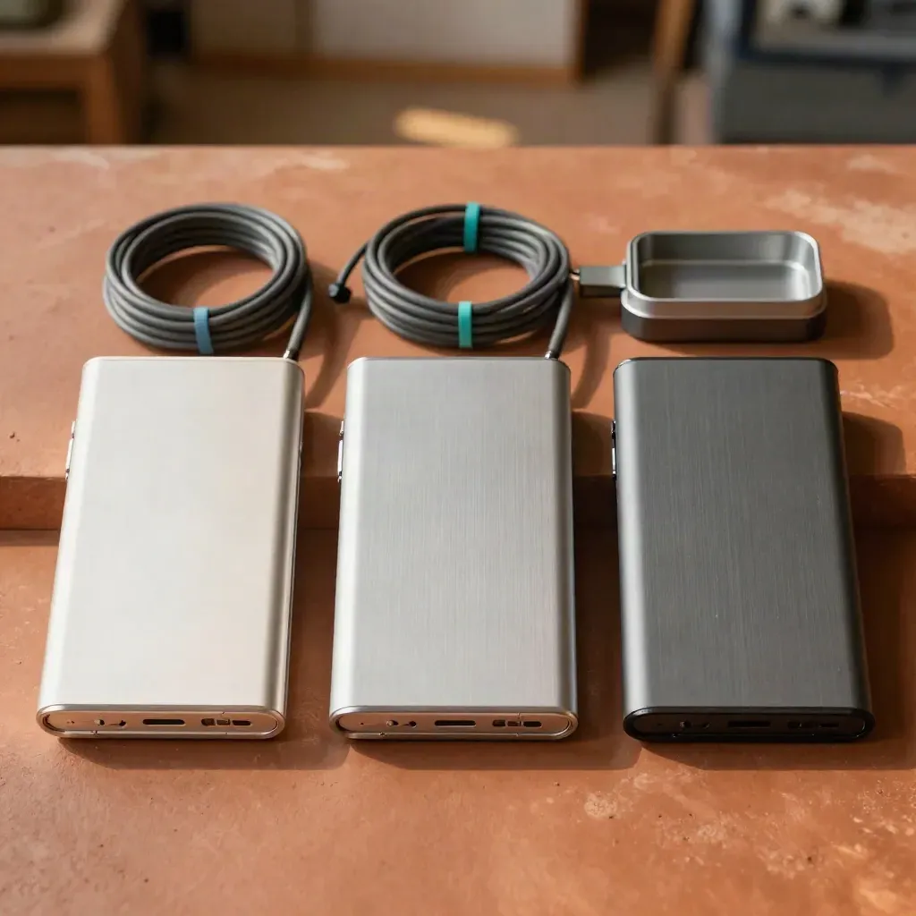 Top-down still life of device enclosures, cable wraps, and a charging cradle on terracotta plaster.